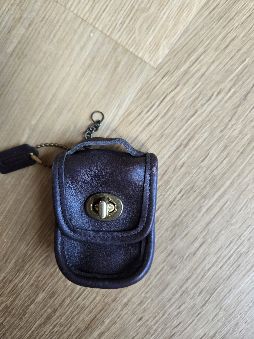 Coach Dark Brown Leather Key & Card Holder with Gold-Tone Turn Lock